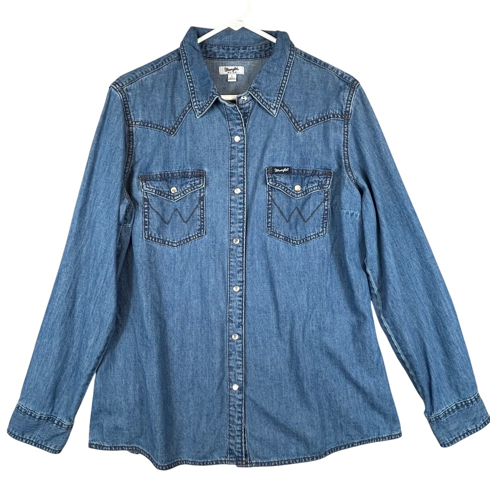 Wrangler Retro Womens Blue Denim Western Snap Shirt L 10LW7006D